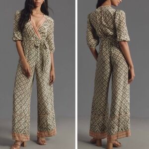 FARM Rio •  NWT Mushroom Print Mixed‎ Print Wrap Jumpsuit Belted Wide Leg Midi